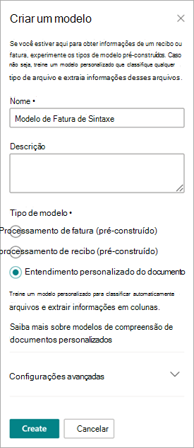 Captura de ecrã do painel Criar um modelo.