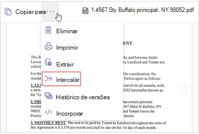 Captura de ecrã a mostrar um menu Mais opções com a opção Intercalar.