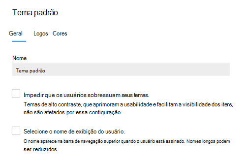 Captura de ecrã: separador Geral a mostrar o tema predefinido para a sua organização