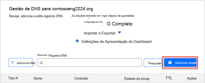 Captura de ecrã a mostrar onde seleciona Adicionar registo para adicionar um registo TXT de verificação de domínio.