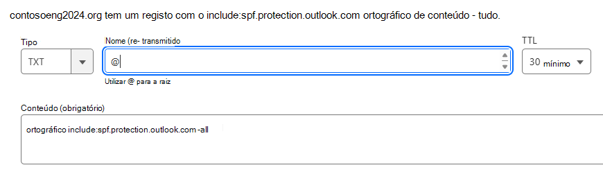 Captura de ecrã a mostrar onde seleciona Guardar para adicionar um registo TXT SPF.