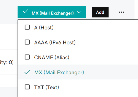 Menu pendente a mostrar o registo MX selecionado.