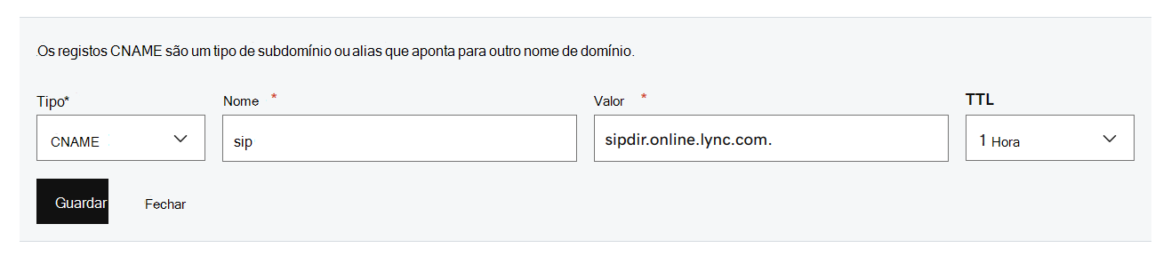 Preencha os valores da tabela para os registos CNAME do Microsoft Teams.