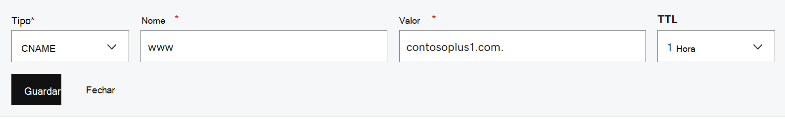 Captura de ecrã para colar os valores do registo CNAME.