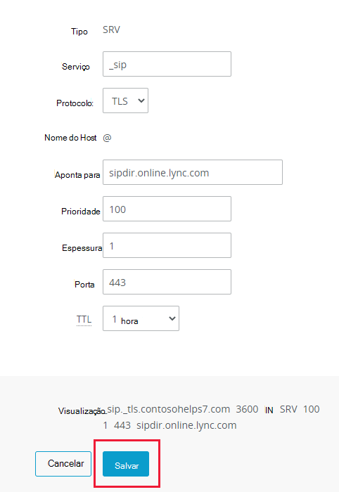 Captura de ecrã a mostrar onde seleciona Guardar para adicionar um registo SRV.