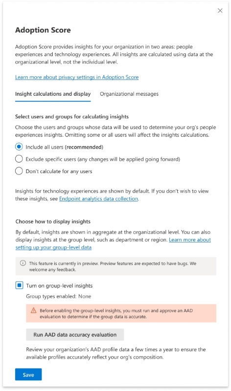 Captura de ecrã: aviso para executar uma avaliação de precisão de dados antes de ativar as informações ao nível do grupo.