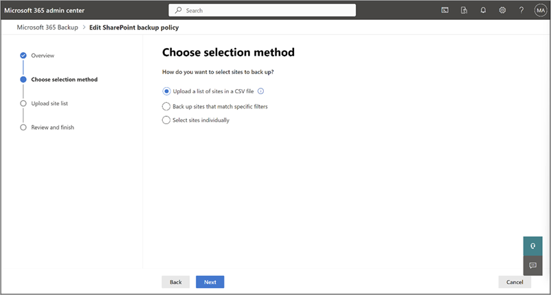 Captura de ecrã a mostrar a página Escolher método de seleção para o SharePoint.