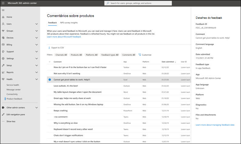 Feedback do produto no centro de administração do Microsoft 365