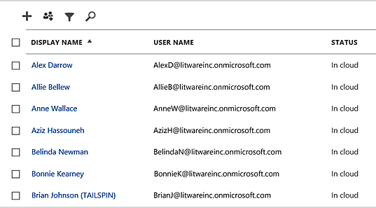 Exemplo da apresentação de utilizadores e grupos no centro de administração do Microsoft 365.