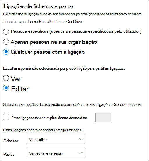 Captura de ecrã a mostrar as definições de partilha de ficheiros e pastas ao nível da organização do SharePoint.