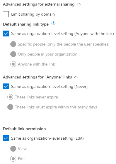 Captura de ecrã a mostrar as definições de partilha de ligações ao nível do site do SharePoint.