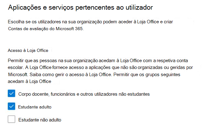 Permitir que o utilizador aceda às definições da Loja Office para EDU