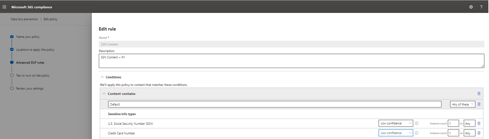 Captura de tela da regra de conteúdo do SSN configurada para ter a deteção com base em tipos de informações confidenciais.