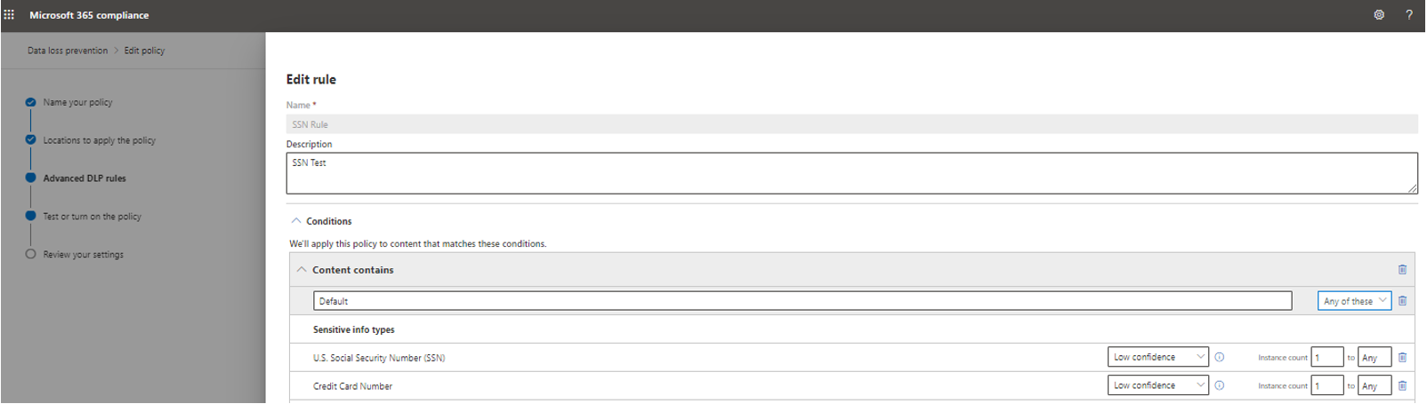 Captura de tela da regra SSN configurada para ter a deteção baseada em tipos de informações confidenciais.