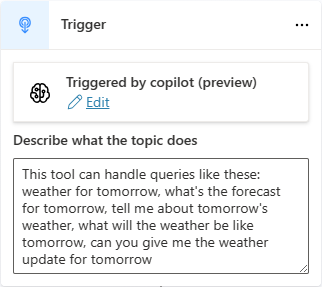 Nó de gatilho com uma descrição de um tópico em um copiloto com orquestração generativa de ações e tópicos.
