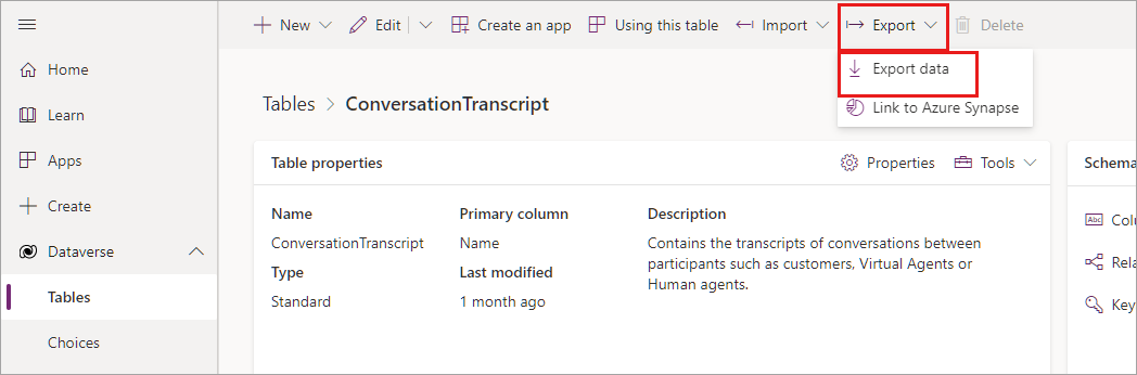 Captura de tela da opção Exportar dados da tabela ConversationTranscript.