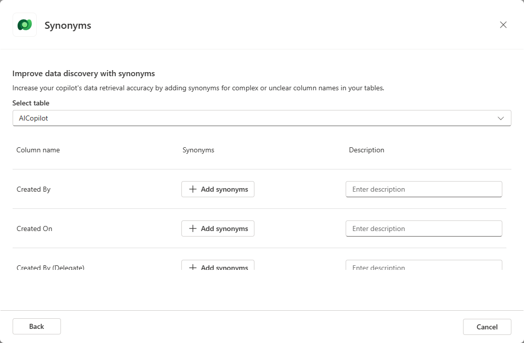 Captura de tela da caixa de diálogo Adicionar Dataverse, exibindo a janela Sinônimo.