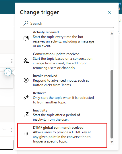 Captura de tela do painel Alterar gatilho com a opção Comando global DTMF recebido realçada.