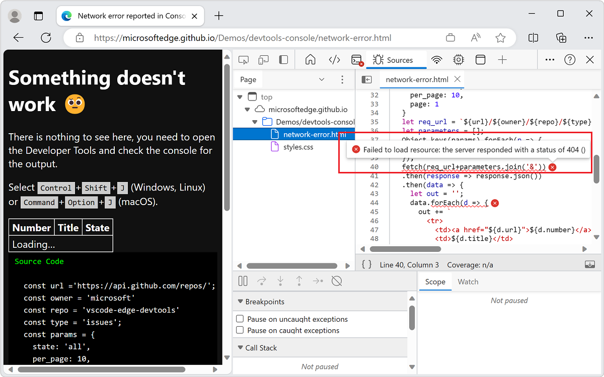 Para encontrar o erro em JavaScript, utilize a ferramenta Origens