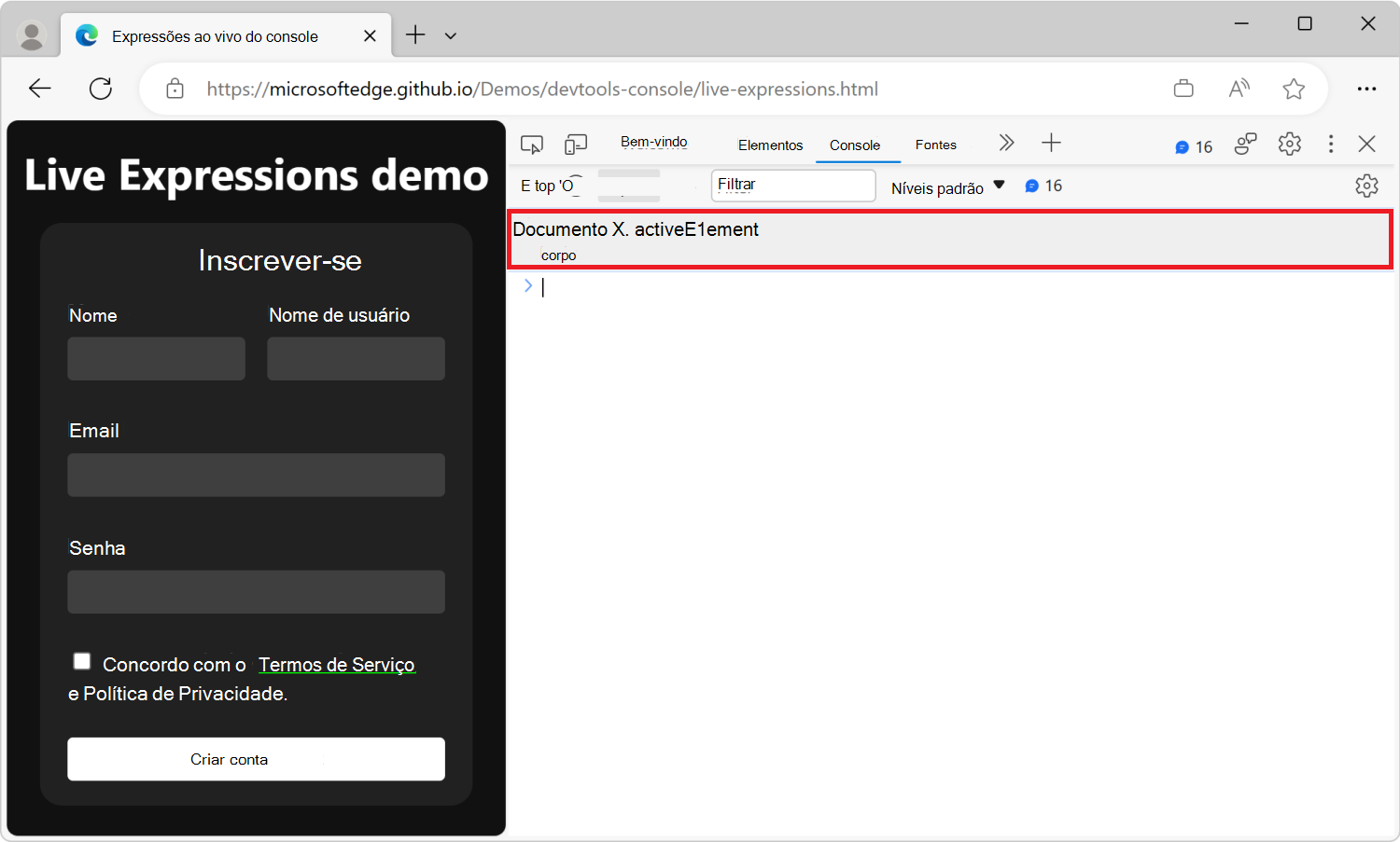 A ferramenta Consola, com uma linha de Expressão Dinâmica abaixo da barra de ferramentas, a mostrar a expressão JavaScript document.activeElement e o respetivo resultado atual: corpo