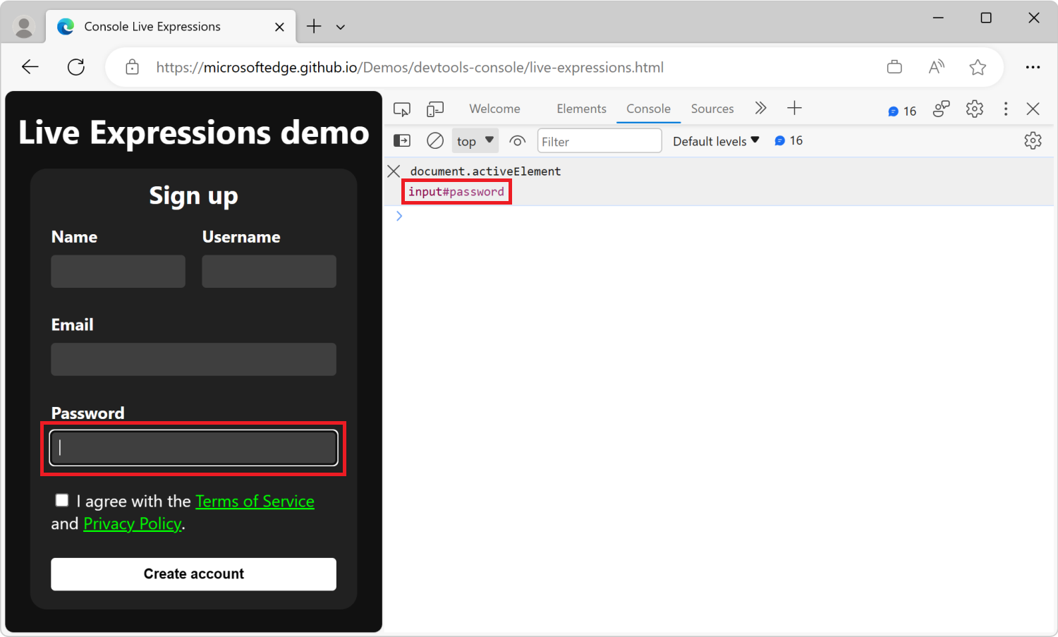 A ferramenta Consola, com uma linha de Expressão Dinâmica abaixo da barra de ferramentas, a mostrar a expressão JavaScript document.activeElement e o resultado atual: input#password