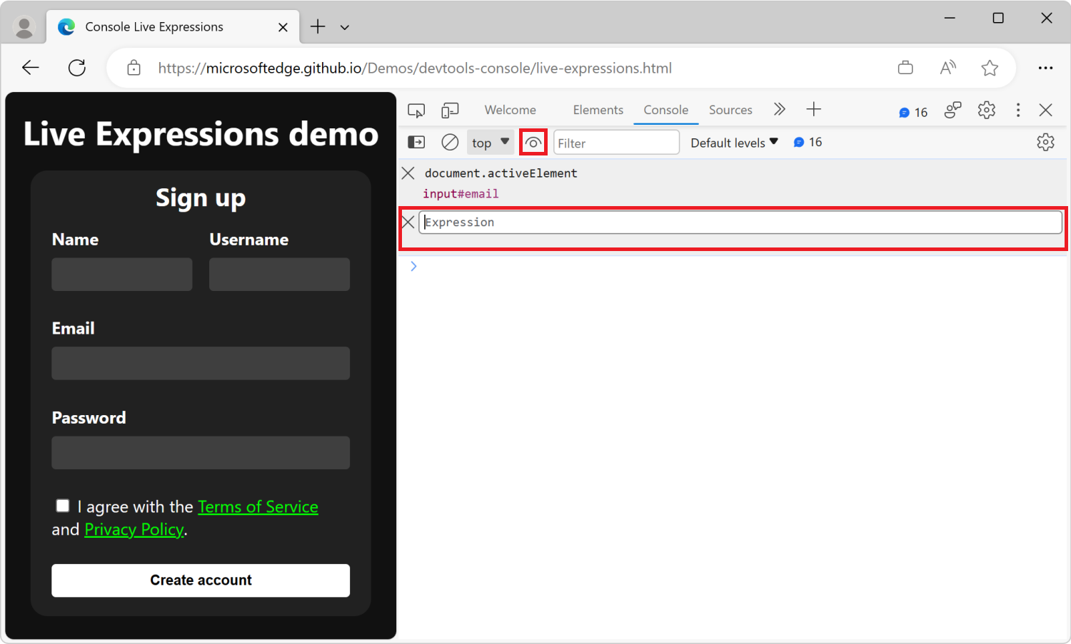 A ferramenta Consola no DevTools, com uma expressão dinâmica e uma nova caixa de texto de expressão dinâmica abaixo da mesma