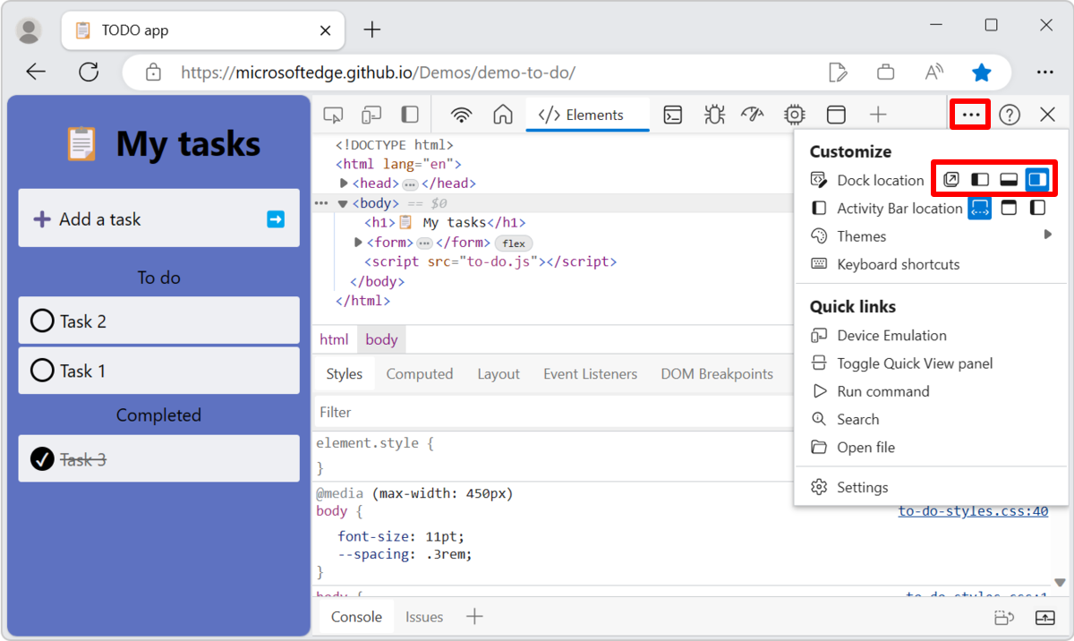 O menu Local do Dock em DevTools