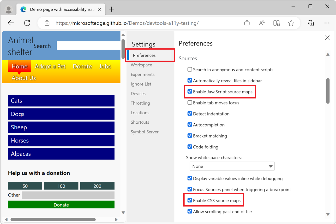 A tela de configuração Preferências nas configurações de DevTools