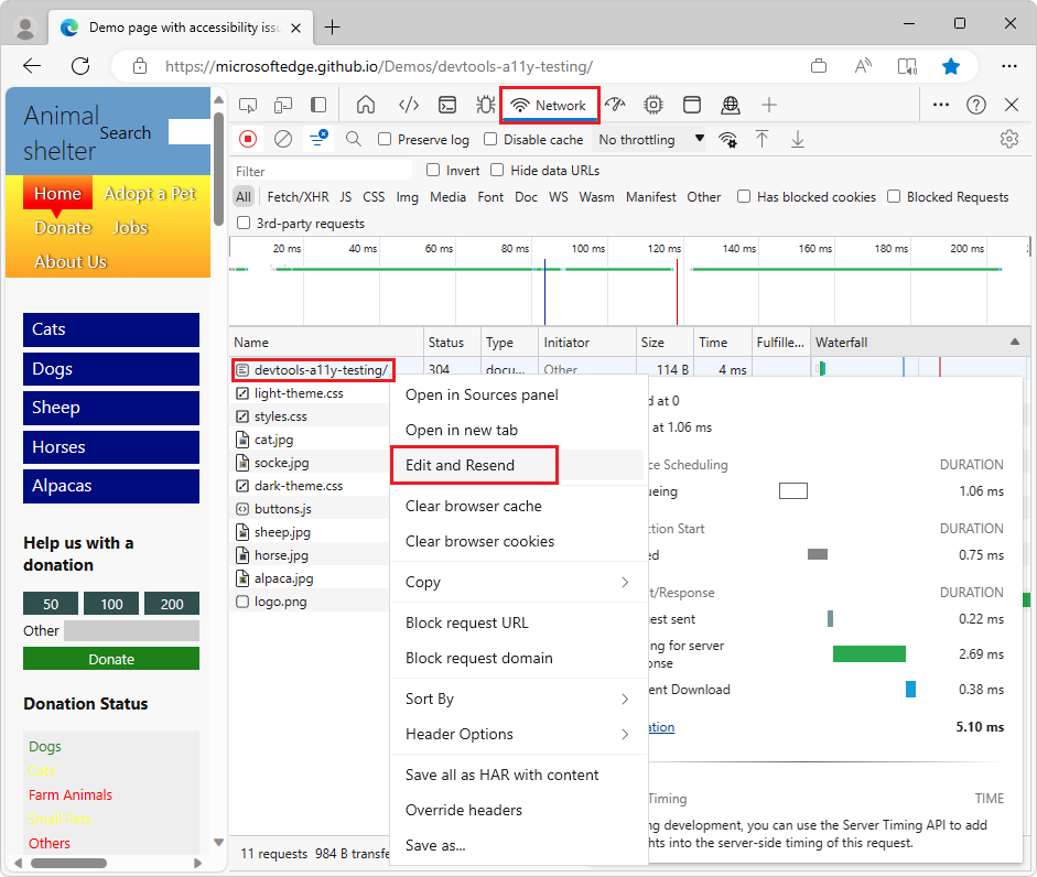 Clique com o botão direito do mouse em um recurso para a página da Web para selecionar 'Editar e reenviar' na ferramenta Rede