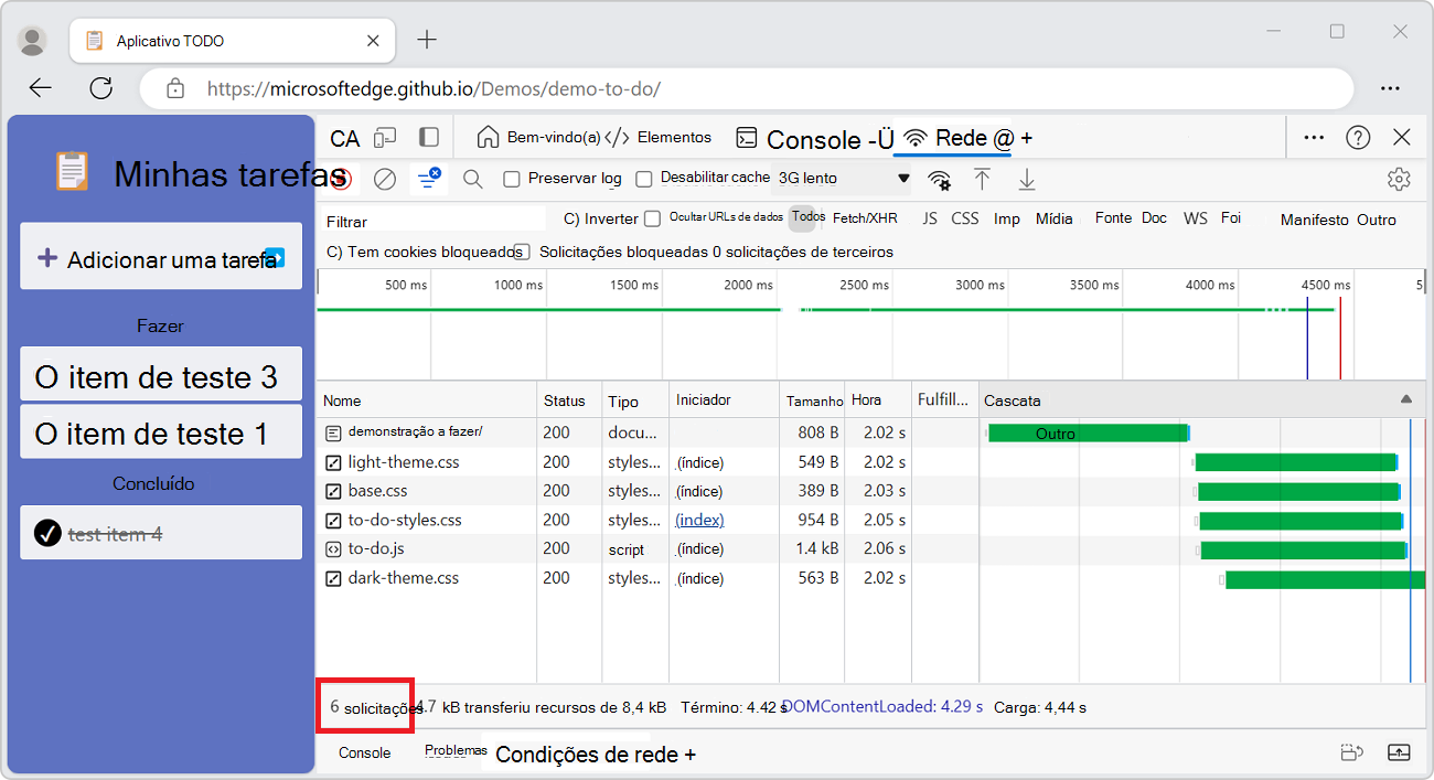 O número total de pedidos desde que as DevTools foram abertas