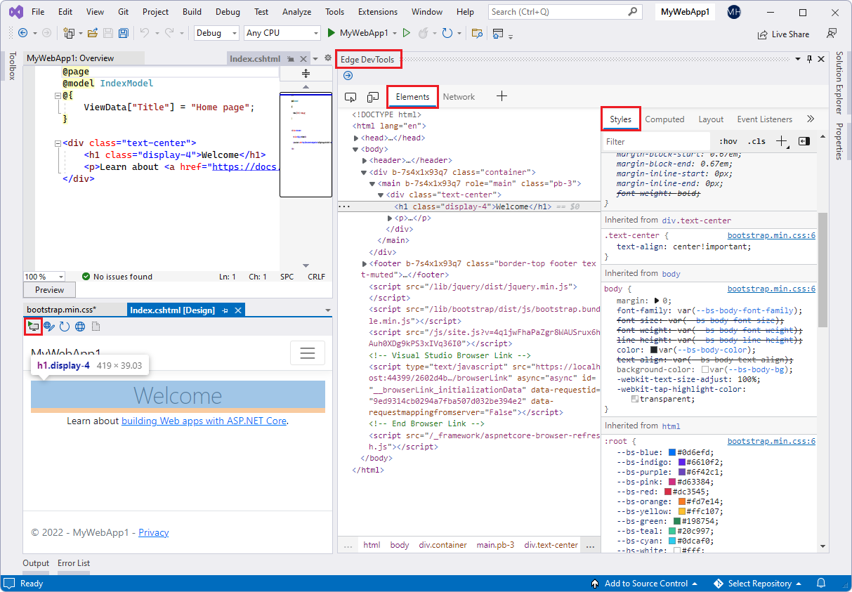 Ferramentas de Programação do Microsoft Edge para Visual Studio: Ferramenta de elementos das DevTools