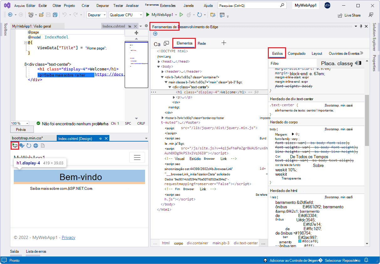 Ferramentas de Programação do Microsoft Edge para Visual Studio: Ferramenta de elementos das DevTools