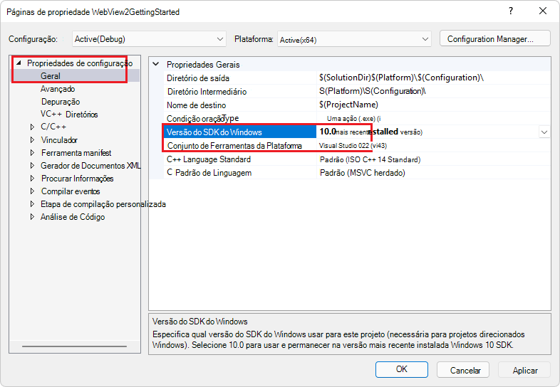 No Visual Studio 2022, a Versão do Windows SDK já é 10 e o Conjunto de Ferramentas de Plataforma já é o Visual Studio