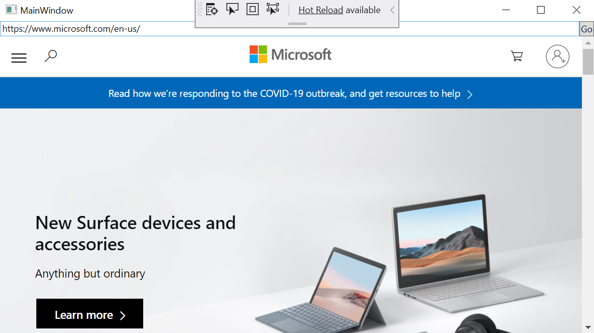 A aplicação de exemplo apresenta o URI na barra de endereço e no site da Microsoft