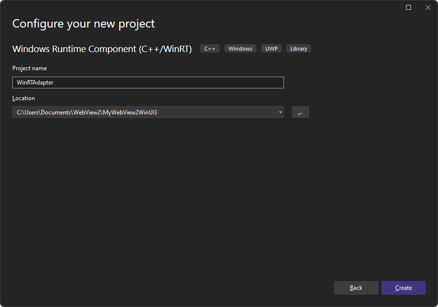 Na janela 'Configurar seu novo projeto', nomeie o projeto 'WinRTAdapter' (solução WinUI 3)