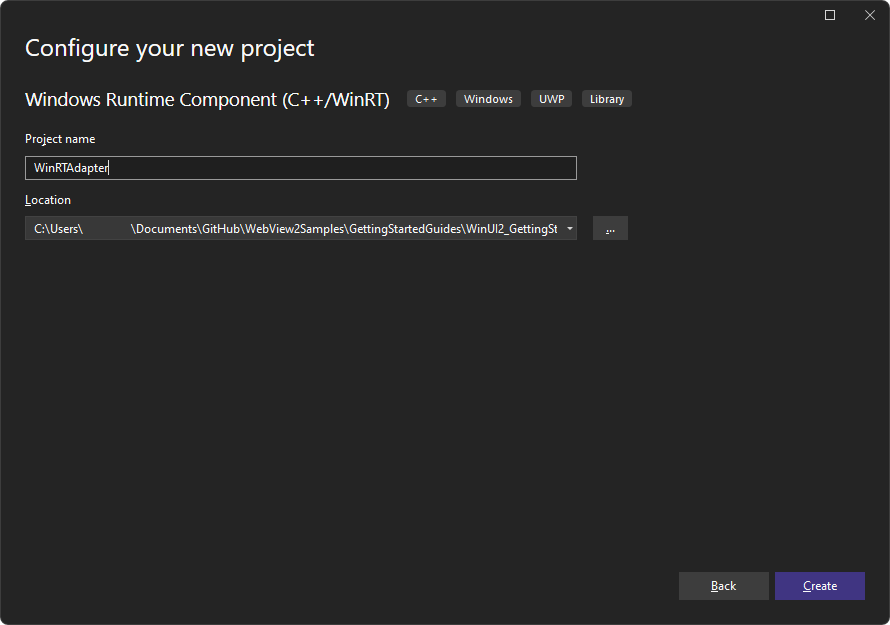 Na janela 'Configurar seu novo projeto', nomeie o projeto 'WinRTAdapter'