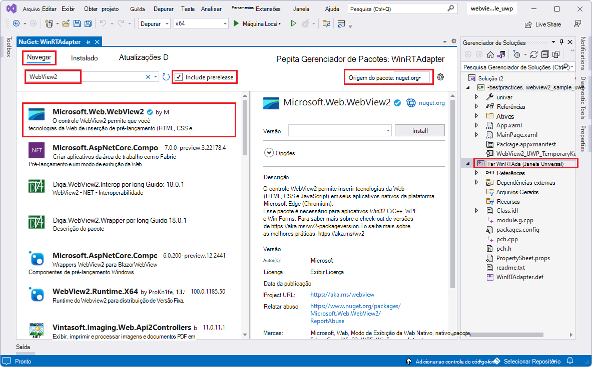 Gerenciador de Pacotes do NuGet, selecionando o pacote do SDK do WebView2, para o projeto WinRTAdapter