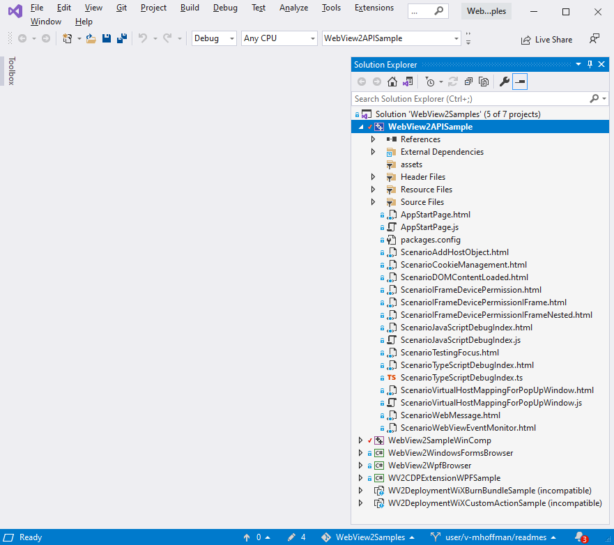 O projeto WebView2APISample no Gerenciador de Soluções