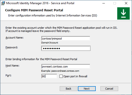 Imagem do ecrã de configuração do portal de Reposição de Palavras-passe