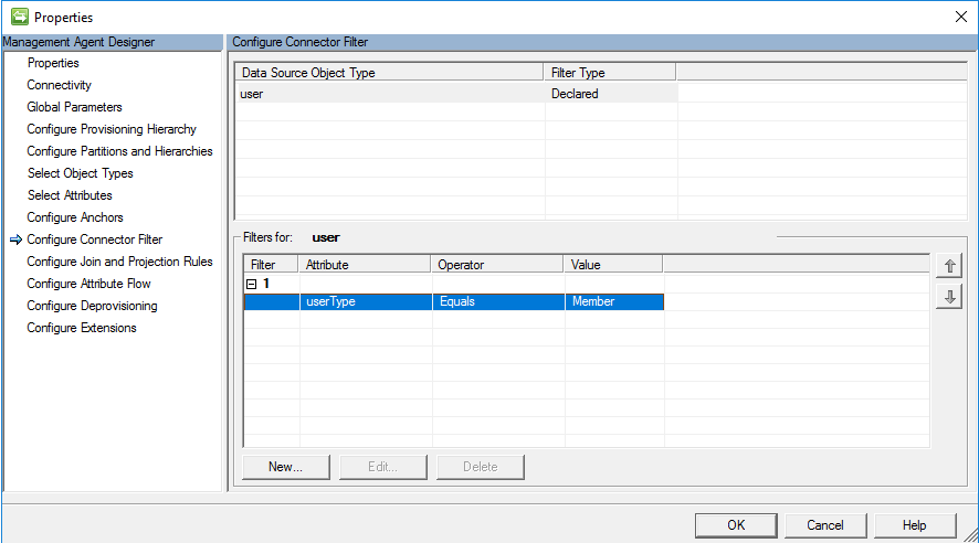 Captura de ecrã a mostrar a página Configurar Filtro do Conector com filtros para o utilizador selecionado e um botão O K.