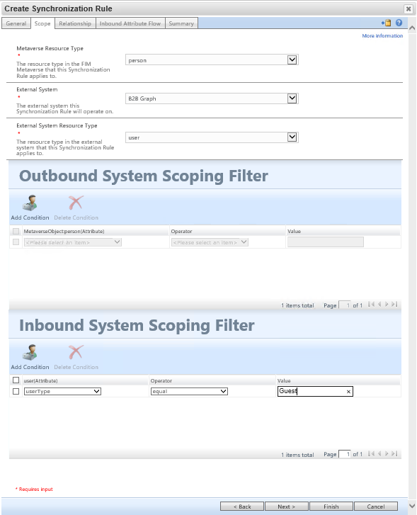 Captura de ecrã a mostrar o separador Âmbito com Tipo de Recurso Metaverso, Sistema Externo, Tipo de Recurso de Sistema Externo e Filtros.