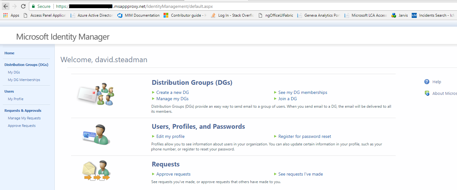 Captura de ecrã a mostrar a home page do Microsoft Identity Manager.