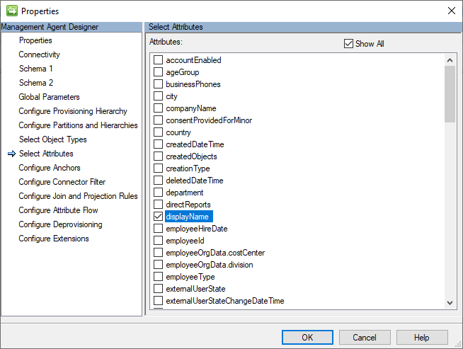 Imagem da página de definições do conector com o atributo displayName selecionado