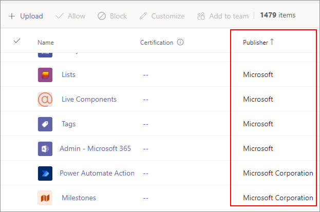 Captura de ecrã a mostrar uma lista de aplicações Microsoft no centro de administração do Teams.