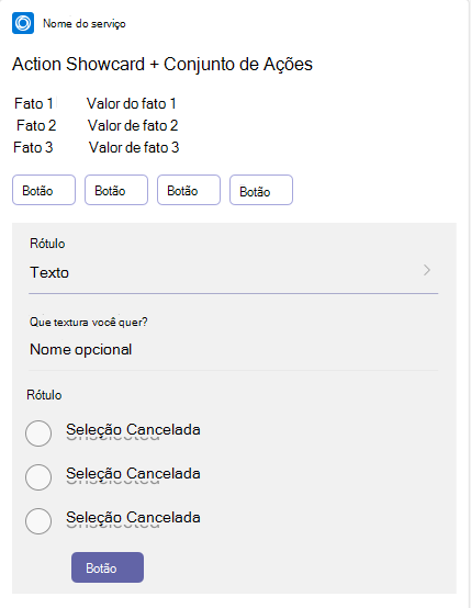 O exemplo mostra um cartão de conjunto de ações do Cartão Adaptável no dispositivo móvel.