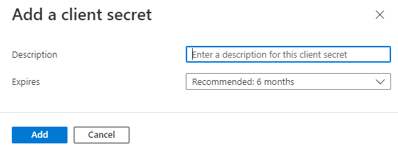 Captura de ecrã a mostrar a página Adicionar um segredo do cliente para fornecer os detalhes necessários.