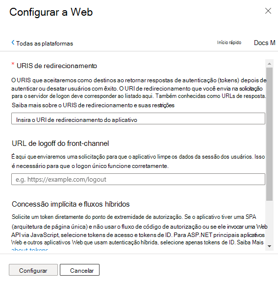 A captura de ecrã para configurar a plataforma Web.