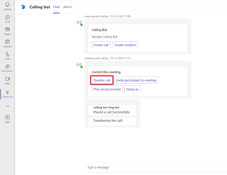 Captura de ecrã do bot de Chamadas do Microsoft Teams com a Chamada de Transferência realçada a vermelho.