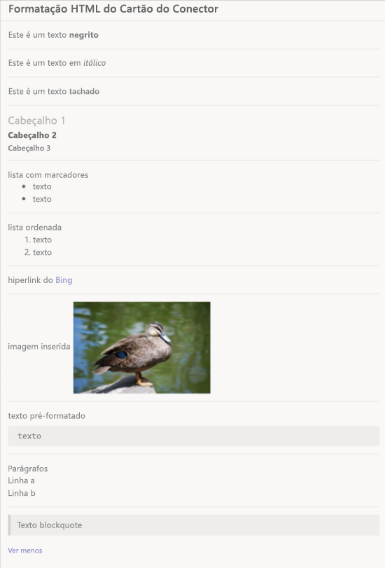 Captura de ecrã a mostrar a formatação HTML para cartões de conector no cliente de ambiente de trabalho.