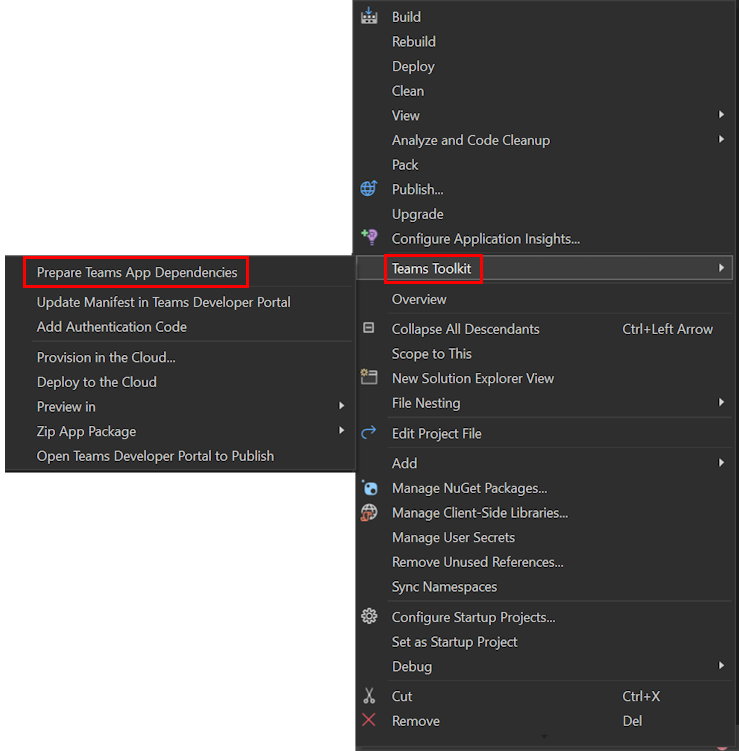 Captura de ecrã a mostrar a opção Preparar dependências de aplicações do Teams em Teams Toolkit no projeto da aplicação Visual Studio.